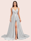 Elegant Spaghetti Straps V-neck Long Soft Satin Side Slit Bridesmaid Dresses For Sale