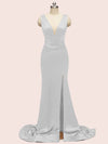 Sexy V-neck Criss Cross Side Slit Long Soft Satin Mermaid Formal Prom Dresses Online