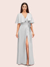 Elegant Bat Sleeves V-neck Side Slit Long Soft Satin Bridesmaid Dresses