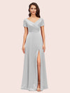 Elegant V-Neck Short Sleeves Long Soft Satin Party Prom Dresses With Slit