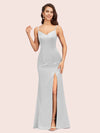 Simple Spaghetti Straps Mermaid Long Silky Satin evening Prom Dresses With Slit