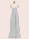 Elegant V-neck Floor Length Long Soft Satin Bridesmaid Dresses With Slit