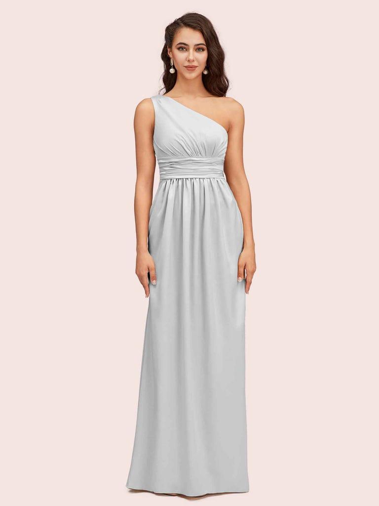 Elegant One Shoulder A-Line Long Soft Satin Bridesmaid Dresses Online Elegant One Shoulder A-Line Long Soft Satin Bridesmaid Dresses Online