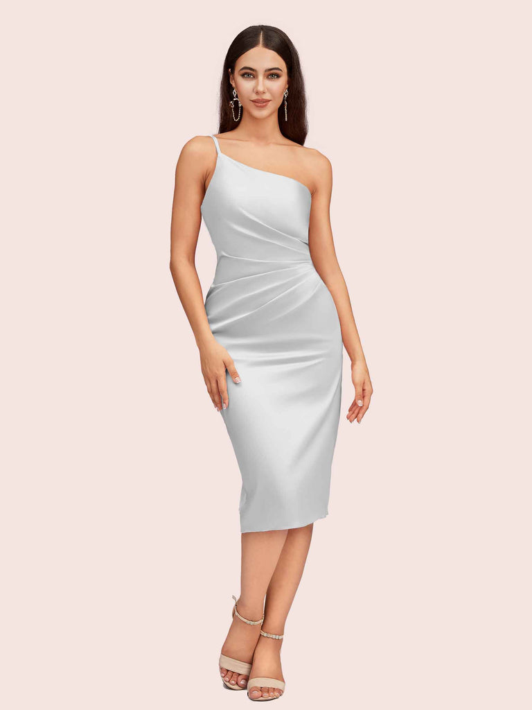 Elegant Sheath One Shoulder Soft Satin Short Bridesmaid Dresses Online
