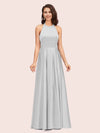 Sexy Backless Halter Simple Long Satin Graduation Prom Dresses With Bow