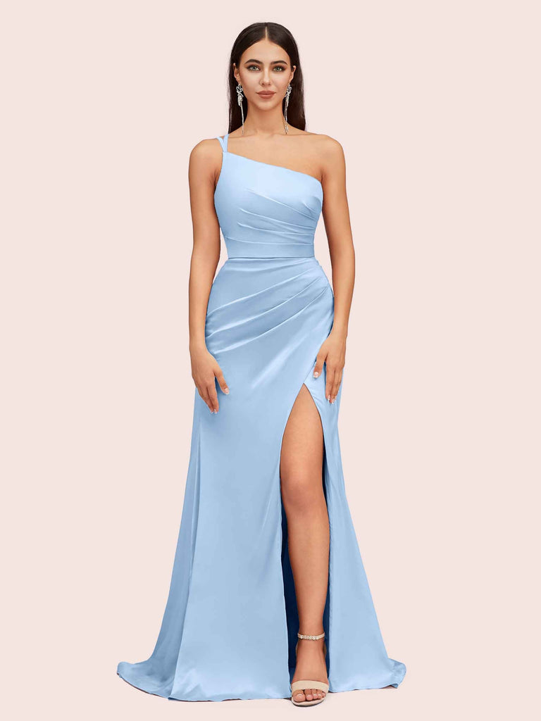 Cetims Sexy Satin One Shoulder Side Split Silky Long Mermaid Prom Dresses Online elegant evening Dresses evening gown Dresses Blue