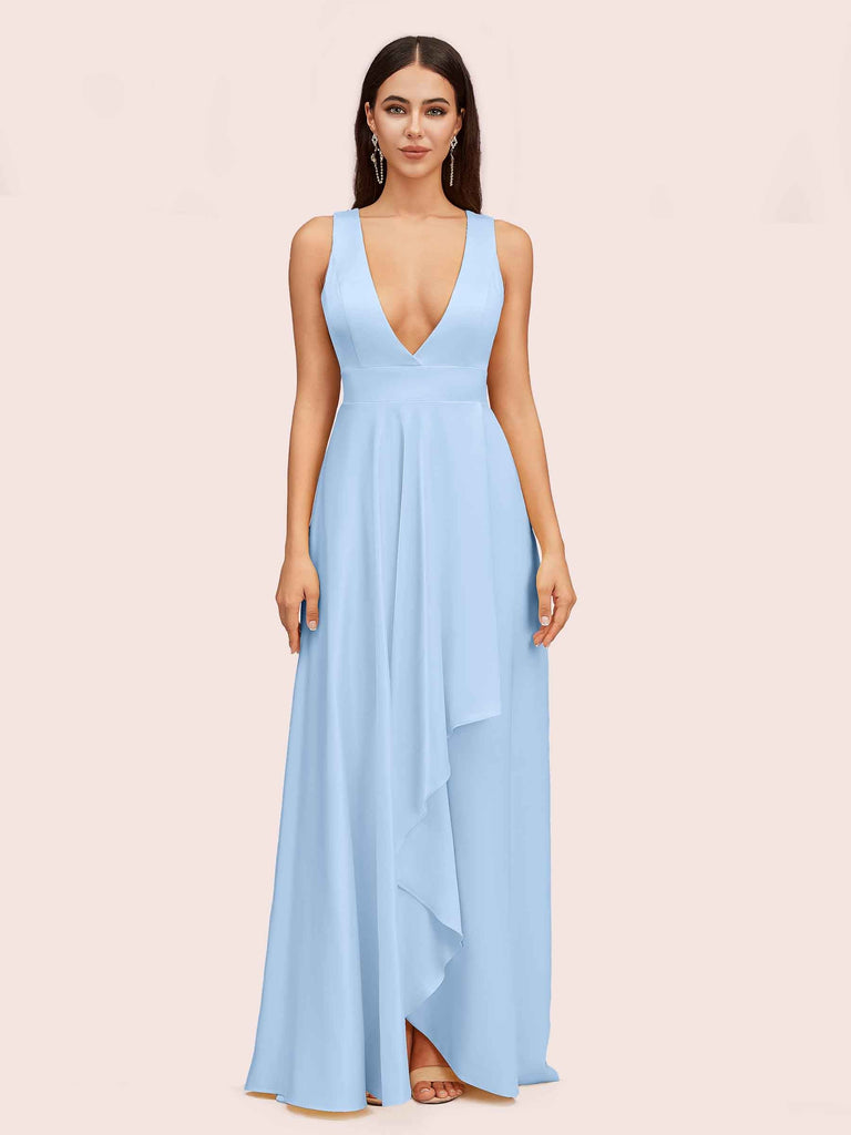 Elegant A-Line V-Neck Long Soft Satin Evening Prom Dresses Online