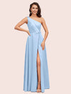Elegant One Shoulder Side Slit Long Soft Satin Party Prom Dresses 2023