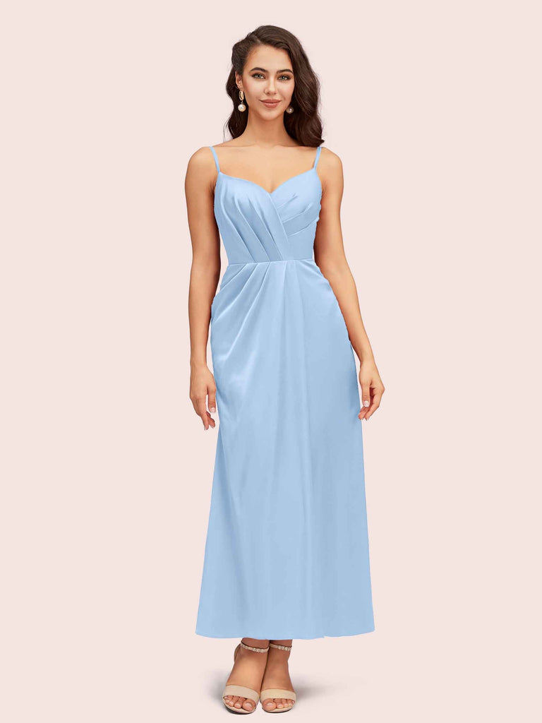 Elegant Spaghetti Straps A-Line Ankle Length Short Satin Prom Dresses Online
