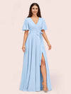 Elegant A-line V-neck Short Sleeves Long Bridesmaid Dresses With Slit
