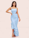 Sexy Unique Mermaid Spaghetti Straps Asymmetrical Soft Satin Bridesmaid Dresses