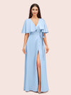 Elegant Bat Sleeves V-neck Side Slit Long Soft Satin Bridesmaid Dresses