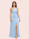 Simple Silky Satin One Shoulder Long Side Slit Bridesmaid Dresses Online