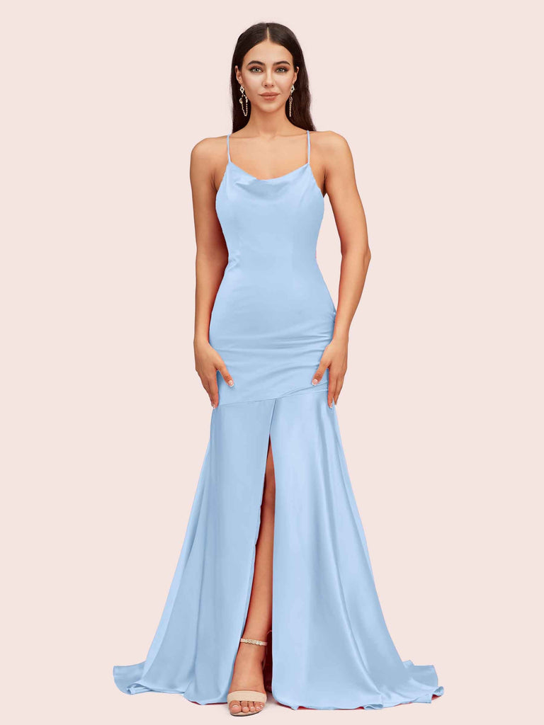 Sexy Backless Mermaid Spaghetti Straps Long Soft Satin Prom Dresses With Slit