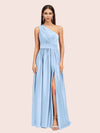 Sexy A-Line One Shoulder Long Side Slit Soft Satin Bridesmaid Dresses