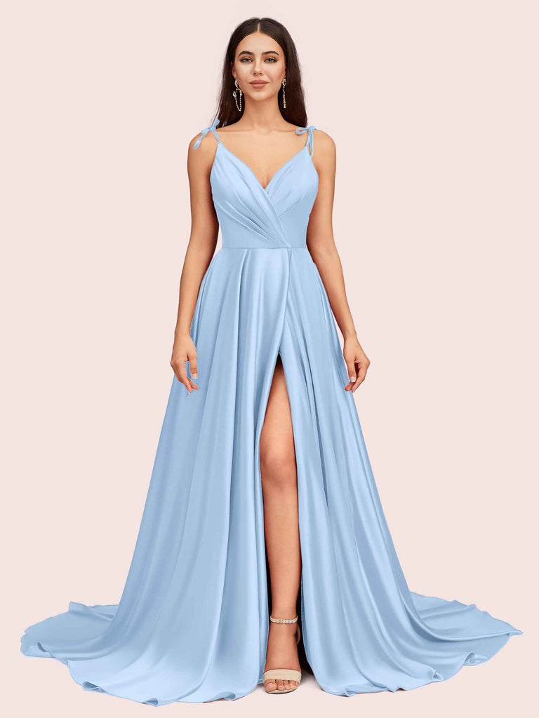 Elegant Spaghetti Straps V-neck Long Soft Satin Side Slit Bridesmaid Dresses