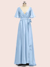 Elegant V-Neck A-Line Long Soft Satin Short Sleeve Bridesmaid Dresses