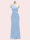 Elegant One Shoulder Long Soft Satin Mermaid Evening Prom Dresses With Slit