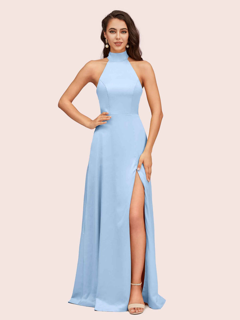 Elegant Halter Open Back Long Side Split Long Soft Satin Formal Prom Dresses Elegant Halter Open Back Long Side Split Long Soft Satin Formal Prom Dresses