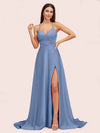 Elegant A-line Spaghetti Straps Long Soft Satin Bridesmaid Dresses With Slit