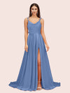 Elegant A-line Spaghetti Straps Long Silky Satin Evening Prom Dresses With Slit