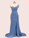 Sexy One Shoulder Long Soft Satin Mermaid Party Prom Dresses With Slit