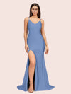 Simple Mermaid Spaghetti Straps Side Slit Long Soft Satin Formal Prom Dresses 2023