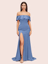 Elegant Soft Satin Off Shoulder Long Mermaid Graduation Prom Dresses With Slit