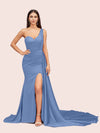 Sexy Mermaid One Shoulder Long Soft Satin Side Slit Evening Prom Dresses Online