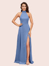 Elegant A-line High Neck Long Side Split Long Soft Satin Bridesmaid Dresses