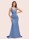 Sexy V-Neck Mermaid Long Silky Satin Formal Prom Dresses For Women