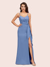 Sexy Spaghetti Straps V-neck Long Mermaid Satin Graduation Prom Dresses With Slit