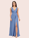 Sexy V-neck Long Side Slit Soft Satin Bridesmaid Dresses Online