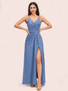 Modern Spaghetti Straps V-neck Side Slit Long Satin Bridesmaid Dresses With Slit
