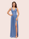 Sexy V Neck Long Soft Satin Side Slit Graduation Prom Dresses Online