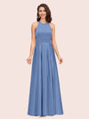 Sexy Backless Halter Simple Long Satin Graduation Prom Dresses With Bow