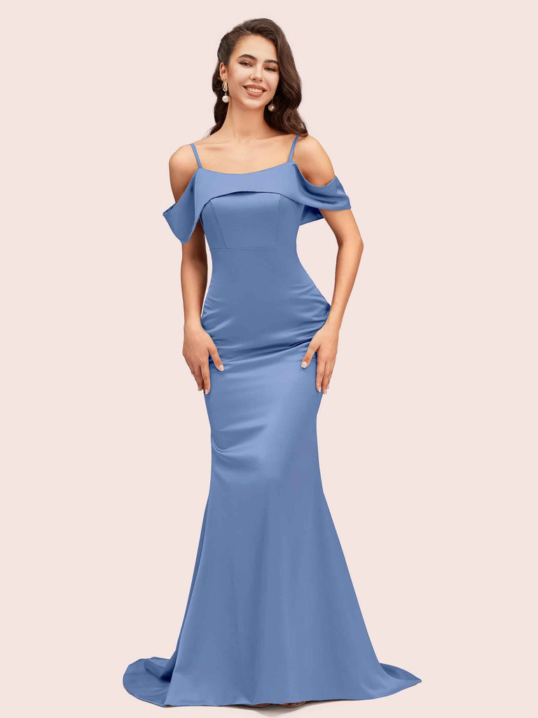 Sexy Mermaid Cold Shoulder Floor Length Long Soft Satin Bridesmaid Dresses Online