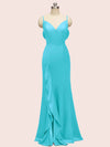 Sexy Mermaid Spaghetti Strap V-neck Long Soft Satin Prom Dresses With Slit