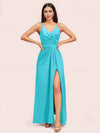 Modern Spaghetti Straps V-neck Side Slit Long Satin Party Prom Dresses With Slit