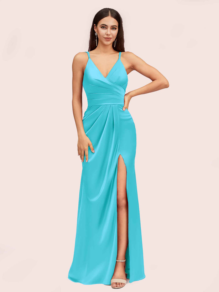 Sexy Spaghetti Straps V-neck Long Silky Soft Satin Bridesmaid Dresses With Slit