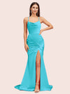 Sexy Backless Mermaid Spaghetti Straps Cowl Long Satin Formal Prom Dresses With Slit