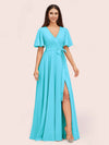 Elegant V-neck Short Sleeves Long Soft Satin Party Prom Dresses With Slit