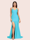Simple Mermaid Spaghetti Straps Side Slit Long Soft Satin Formal Prom Dresses 2023