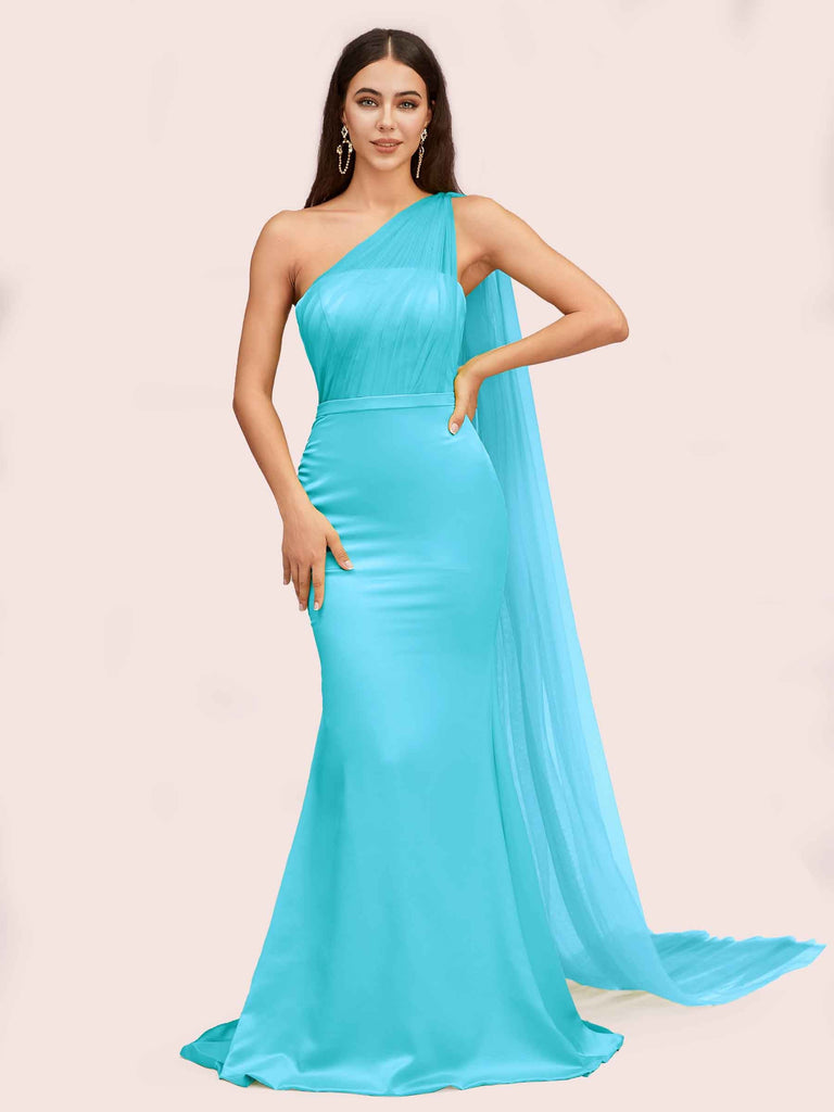Unique Mermaid One Shoulder Long Soft Satin Formal Prom Dresses Online