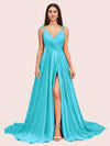 Elegant Spaghetti Straps V-neck Long Soft Satin Side Slit Bridesmaid Dresses