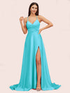 Elegant A-line Spaghetti Straps Long Soft Satin Bridesmaid Dresses With Slit
