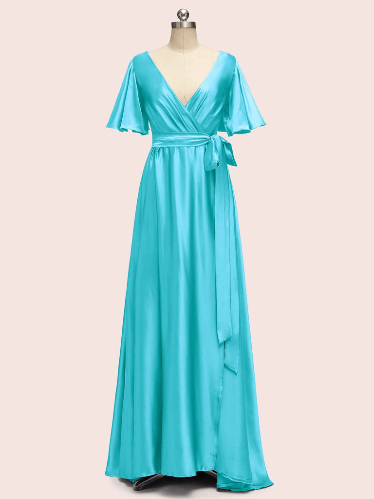 Elegant Bat Sleeves A-Line Long Soft Satin Party Prom Dresses Online