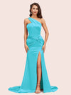 Sexy Mermaid One Shoulder Long Soft Satin Side Slit Bridesmaid Dresses Online For Sale