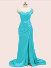 Sexy One Shoulder Long Soft Satin Mermaid Party Prom Dresses With Slit