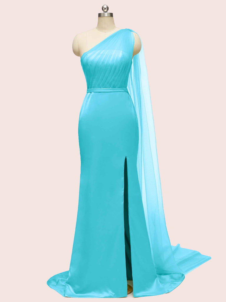 Elegant One Shoulder Unique Long Soft Satin Mermaid Bridesmaid Dresses Online